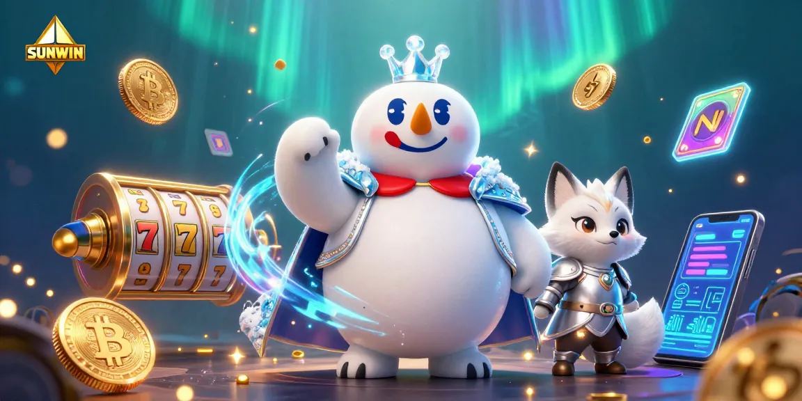 SUNWIN offers an immersive gaming experience with vibrant casino elements surrounding characters, showcasing excitement.