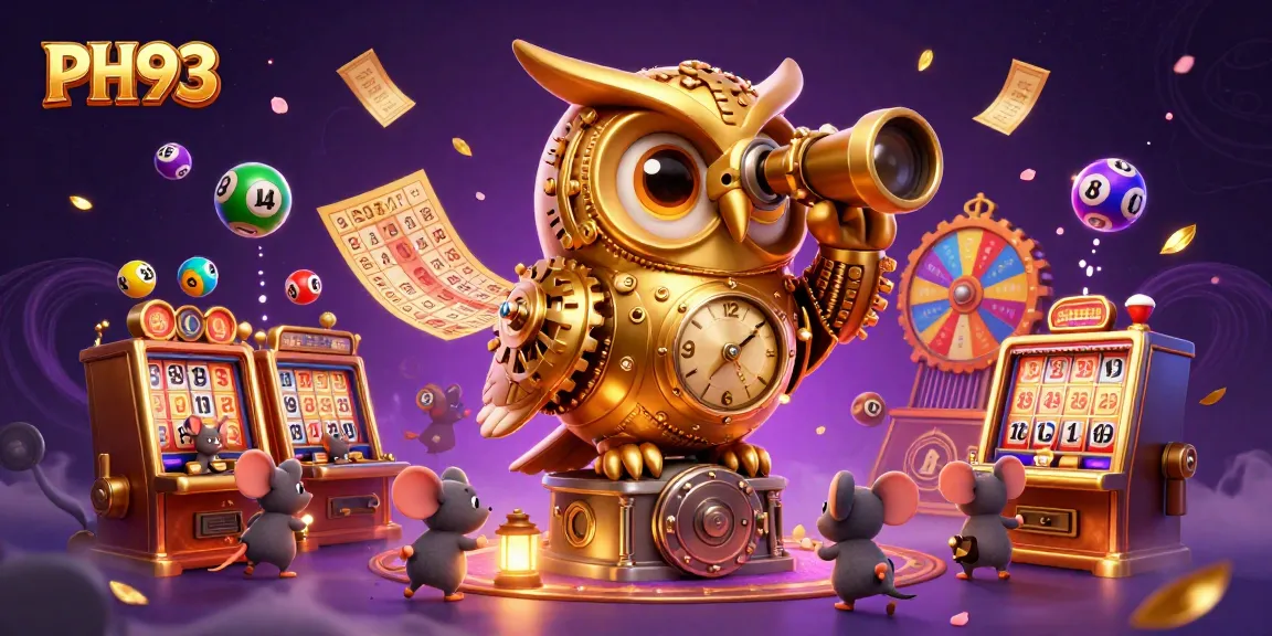 Engage with PH33's thrilling casino atmosphere featuring a golden owl amid dynamic lottery elements.