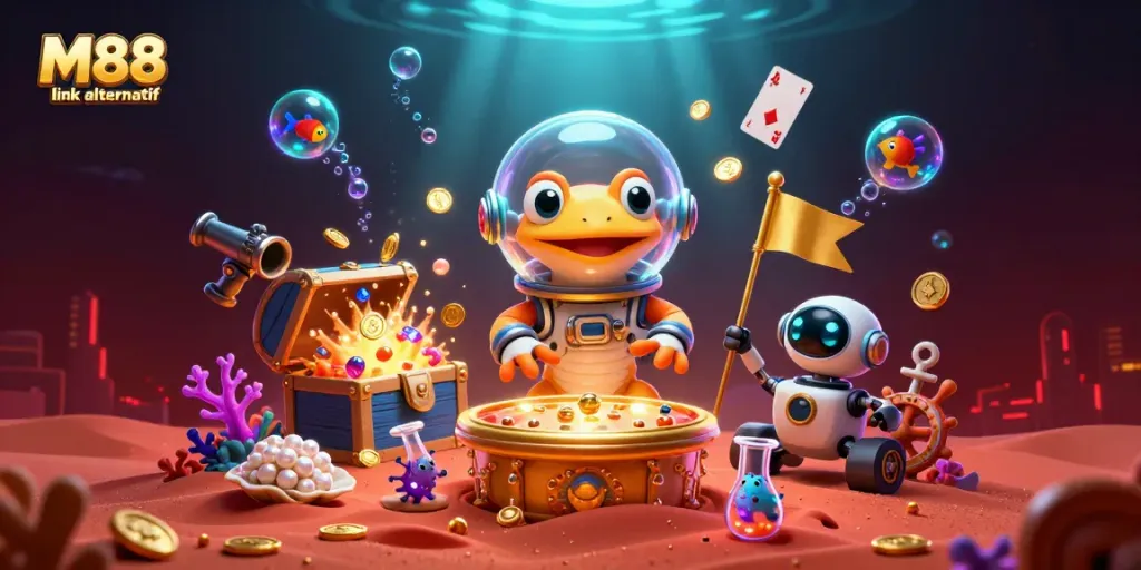Discover the vibrant M88 link alternatif in an exciting casino scene with animated characters.