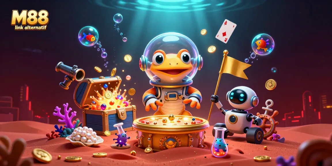 Discover the vibrant M88 link alternatif in an exciting casino scene with animated characters.