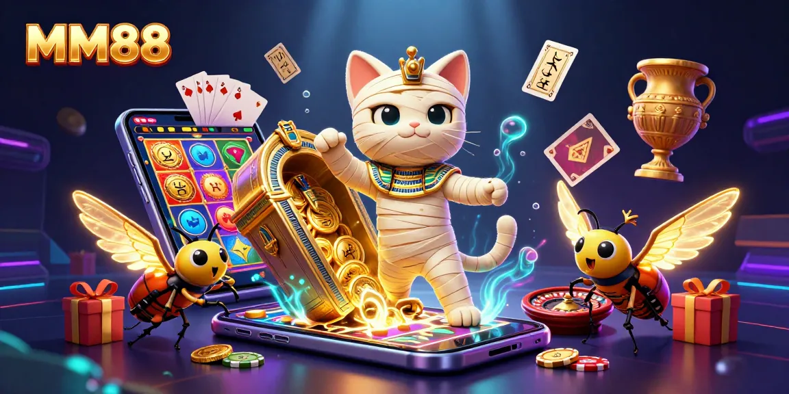Engage with MM88's vibrant gaming scene featuring a mummy cat and a golden scarab.