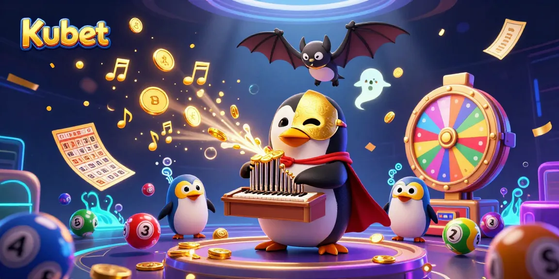 Kubet menyajikan ilustrasi kasino dengan penguin beraksi, menyerbu dengan koin emas saat bermain, menciptakan suasana meriah.