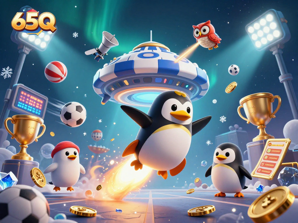 Betting with 65Q: Pinguim dourado e elementos de cassino em cena dinâmica.