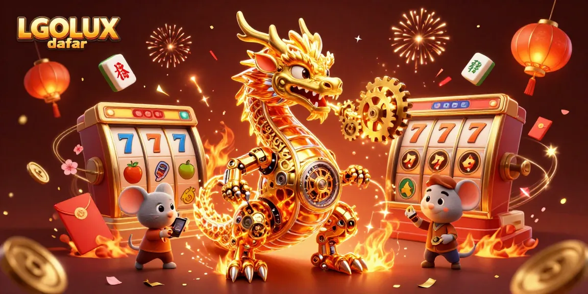 Spin to win with LGOLUX daftar, featuring a dynamic scene of a golden dragon amidst vibrant casino symbols.