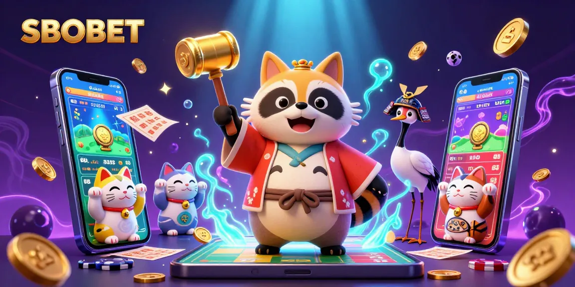 SBOBET showcases an exciting sports betting scene with a cheerful tanuki and vibrant casino elements, engaging bettors dynamically.