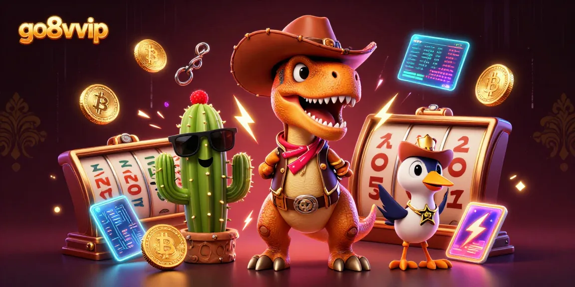 Entertain at go8vvip with a playful T-Rex and friends in a vibrant casino setting.