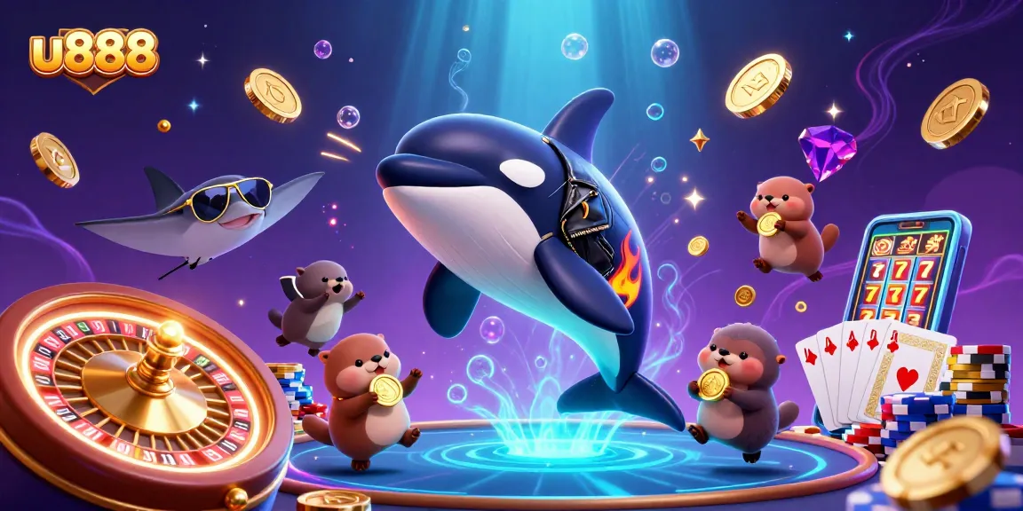 Experience the thrilling world of u888 with a dynamic 3D scene featuring casino elements and exciting characters.