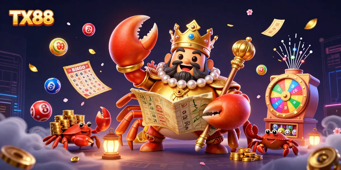 Experience the thrill of TX88 as the golden crab emperor and his servants lead a vibrant casino adventure.