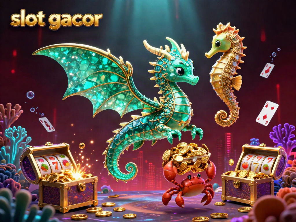Experience slot gacor with a vibrant underwater scene showcasing a jewel-encrusted sea dragon and treasures.