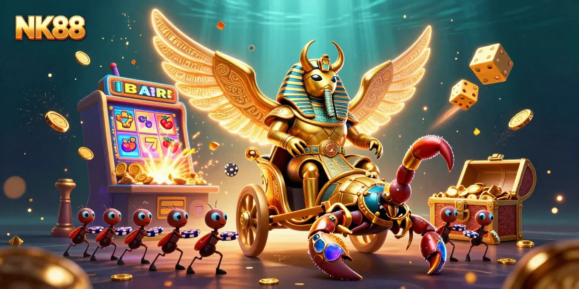 Experience thrilling action with NK88's immersive 3D casino scene featuring a golden scarab beetle