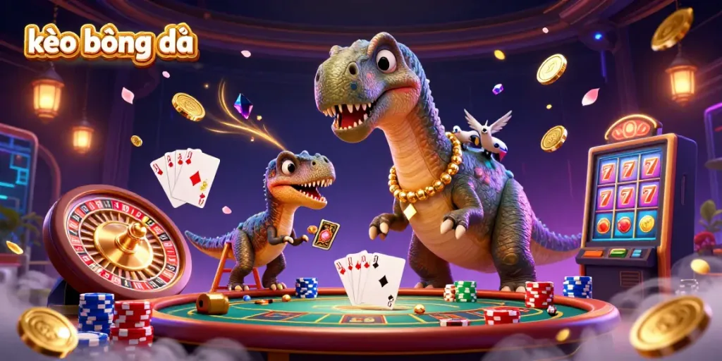 Experience the excitement of kèo bóng đá with a vibrant casino scene featuring a playful brontosaurus and raptor dealer.