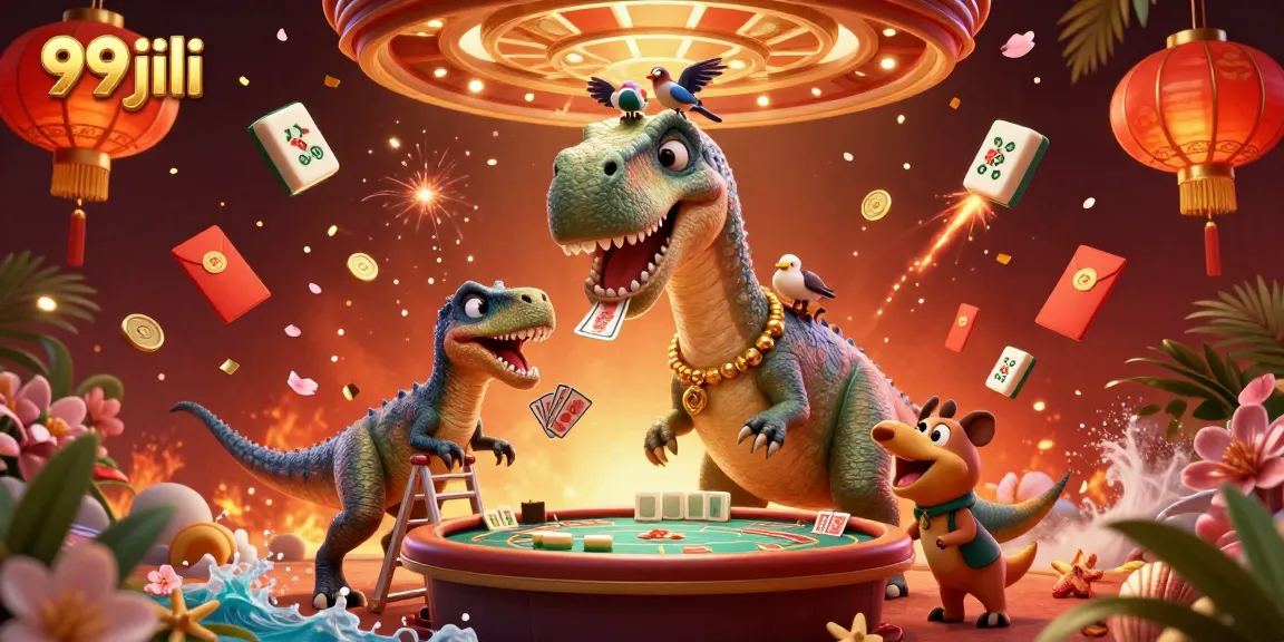 99jili brontosaurus examining a poker table with lively gaming elements around in a vibrant casino scene.