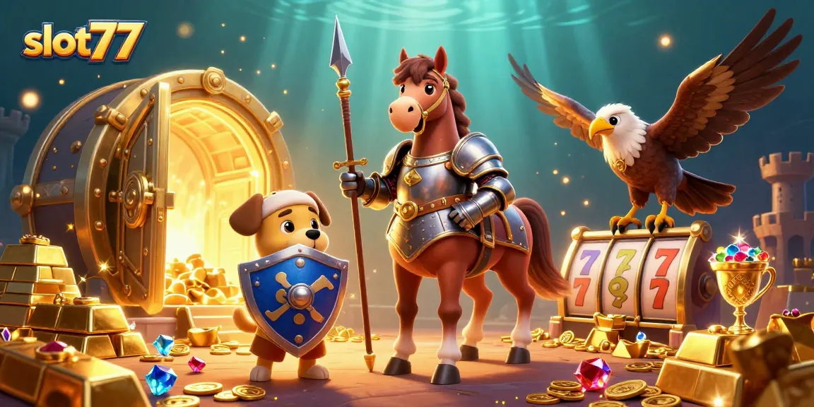 Spin the reels of excitement with slot77, featuring knights, treasures, and vibrant casino elements.