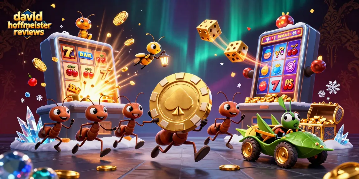 Exciting scene of ants on a heist with a golden poker chip, showcasing david hoffmeister reviews.