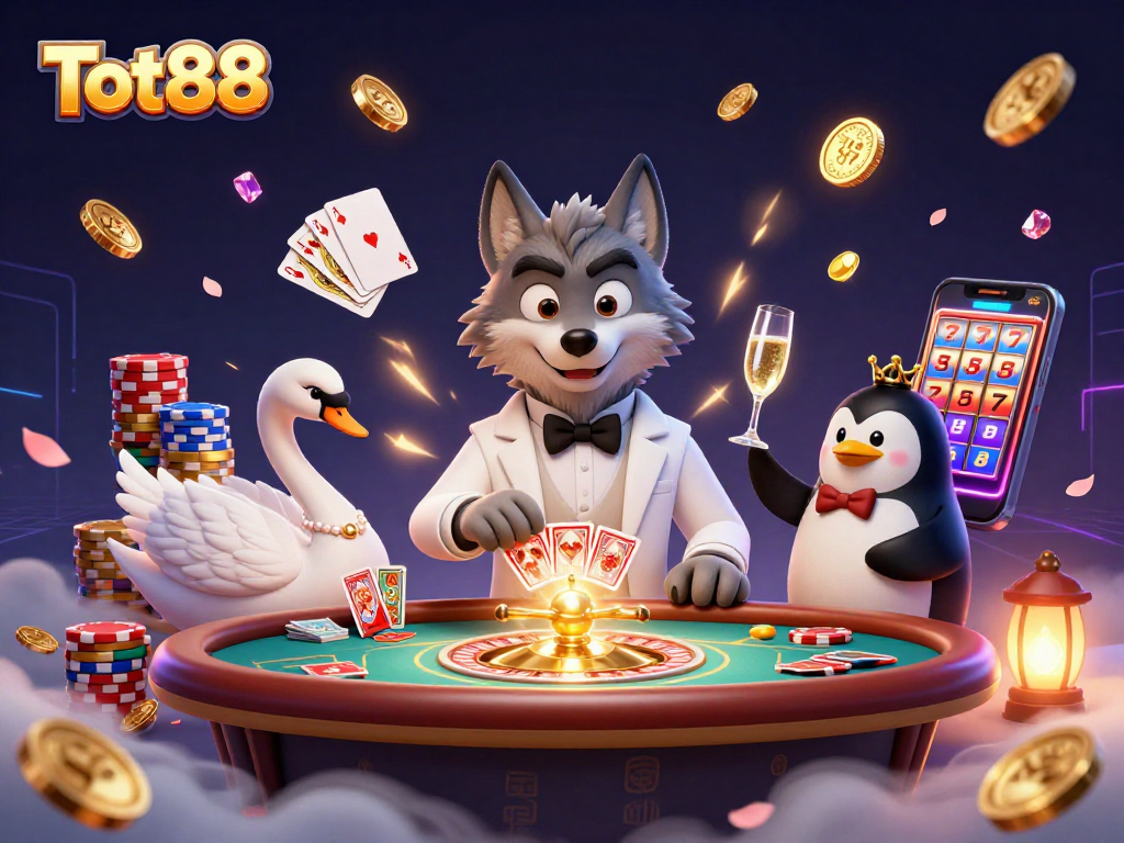 Engage with Tot88: Luxurious baccarat scene featuring 3D characters, vibrant casino elements, and festive decorations.