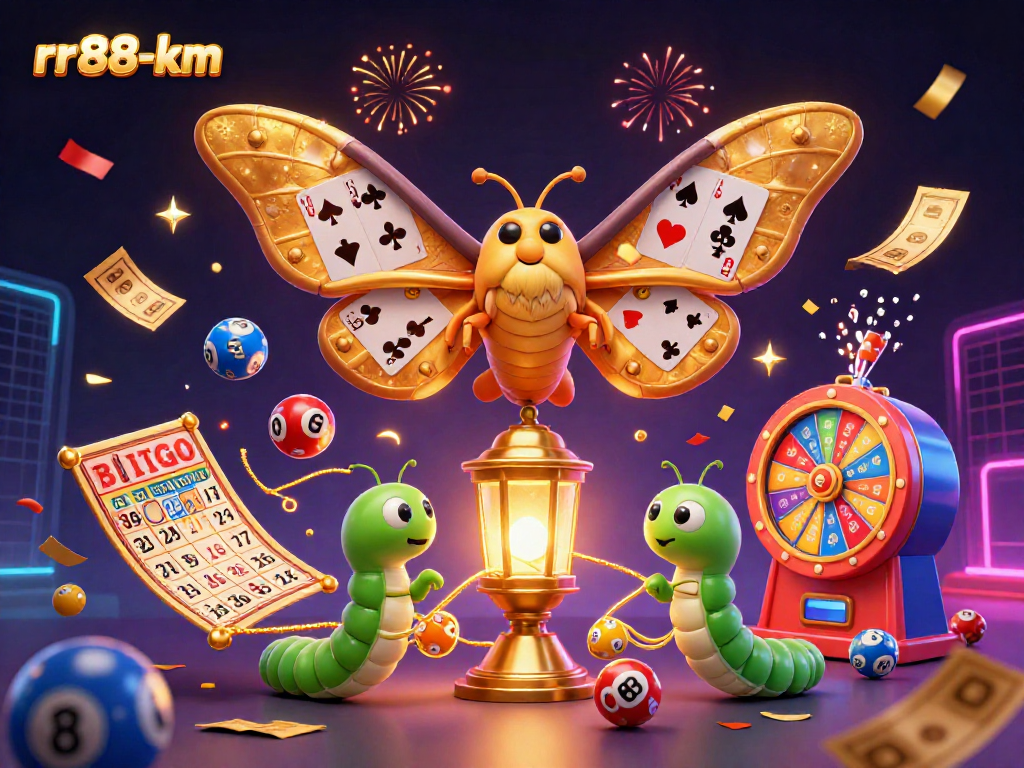 Engage with rr88-km's festive casino world, featuring vibrant lottery elements and a majestic moth illustration.