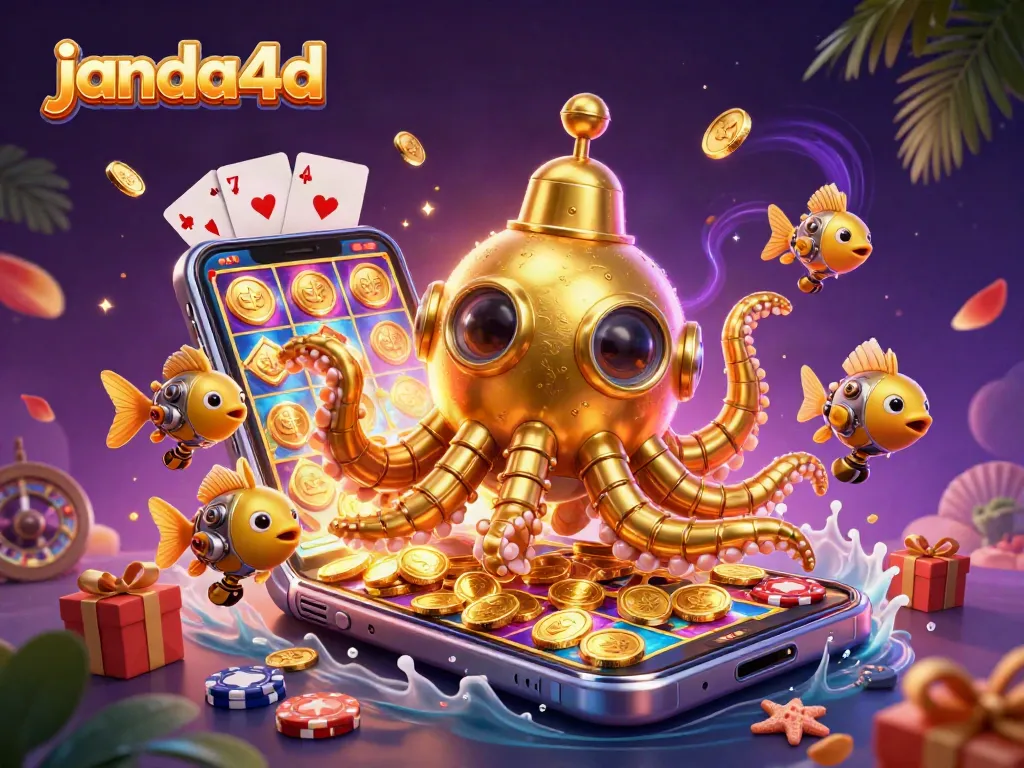 Mainkan slot gacor di janda4d dengan ilustrasi 3D kraken dan koin emas yang dinamis.