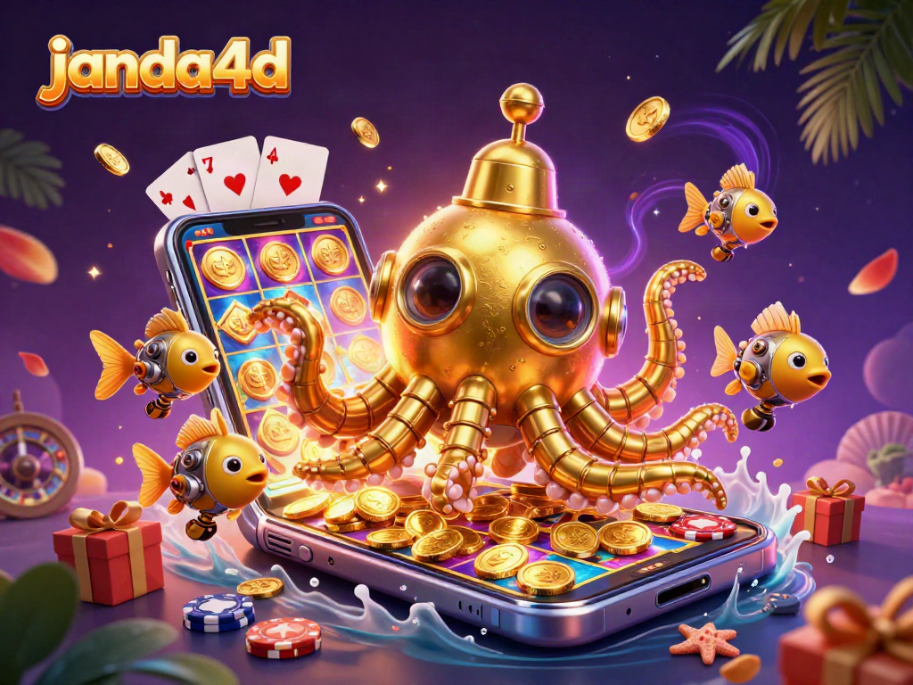 Mainkan slot gacor di janda4d dengan ilustrasi 3D kraken dan koin emas yang dinamis.