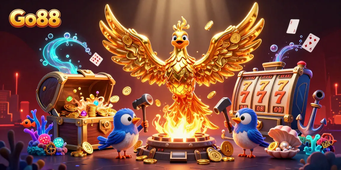 Go88's golden phoenix symbolizes winning moments in a vibrant online casino scene.