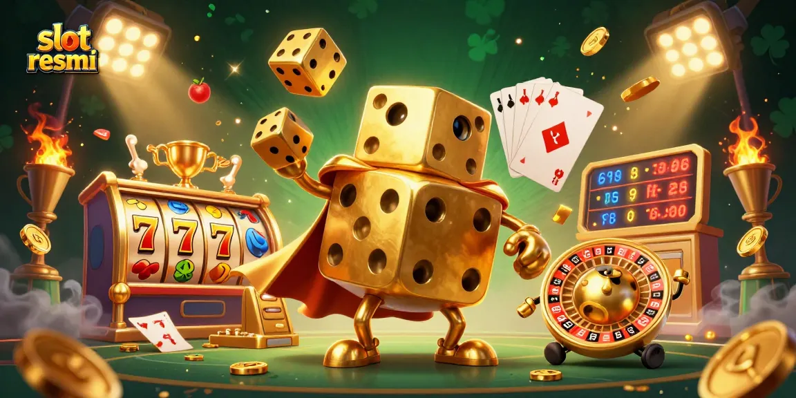 slot resmi menghadirkan ilustrasi atraktif dari karakter dadu emas raksasa dalam permainan kasino.