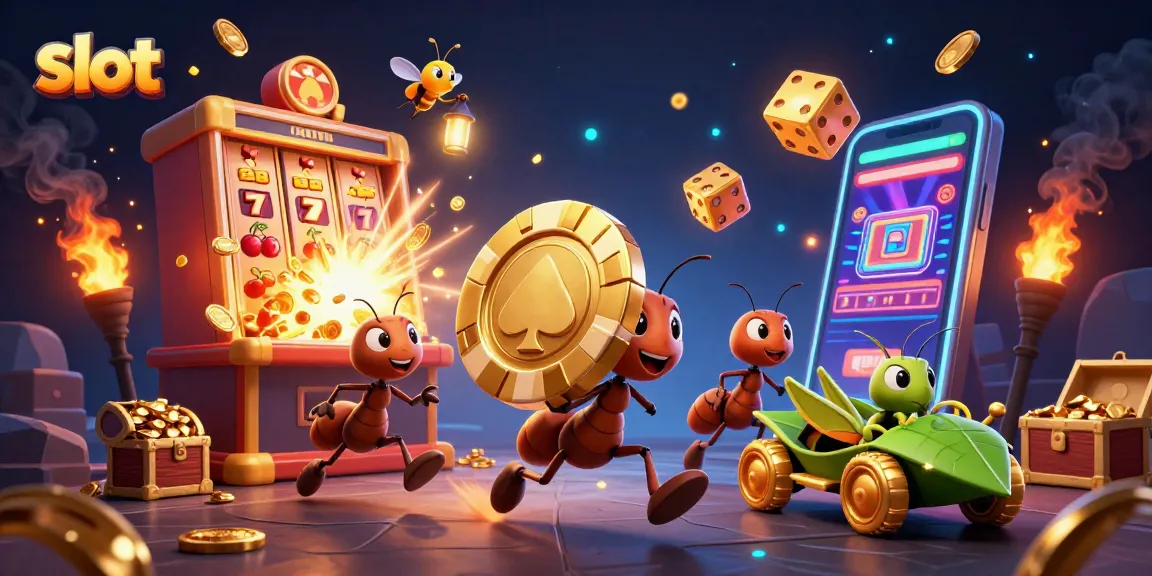 Win big with immersive slot games in a vibrant 3D casino adventure featuring ants and insects.