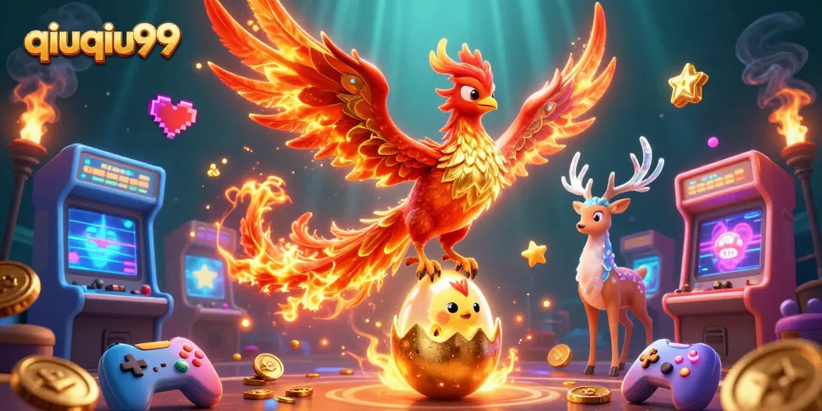 Experience winning with qiuqiu99 in this rich 3D casino illustration featuring a fire phoenix.
