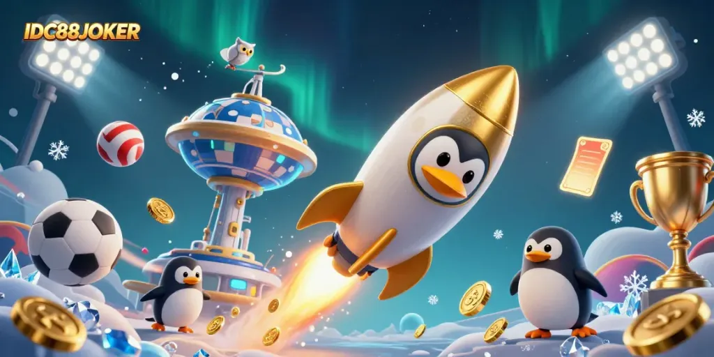 Experience the thrilling adventure of winning at IDC88JOKER with a golden penguin racing towards a casino chip station.