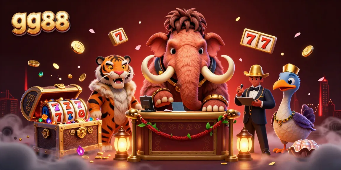 Exciting gg88 casino scene with a woolly mammoth checking IDs while treasure and slot reels burst around