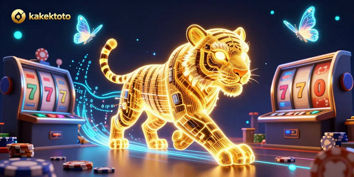 Engage with thrilling gaming action at kakektoto, featuring a dynamic tiger and neon casino elements.