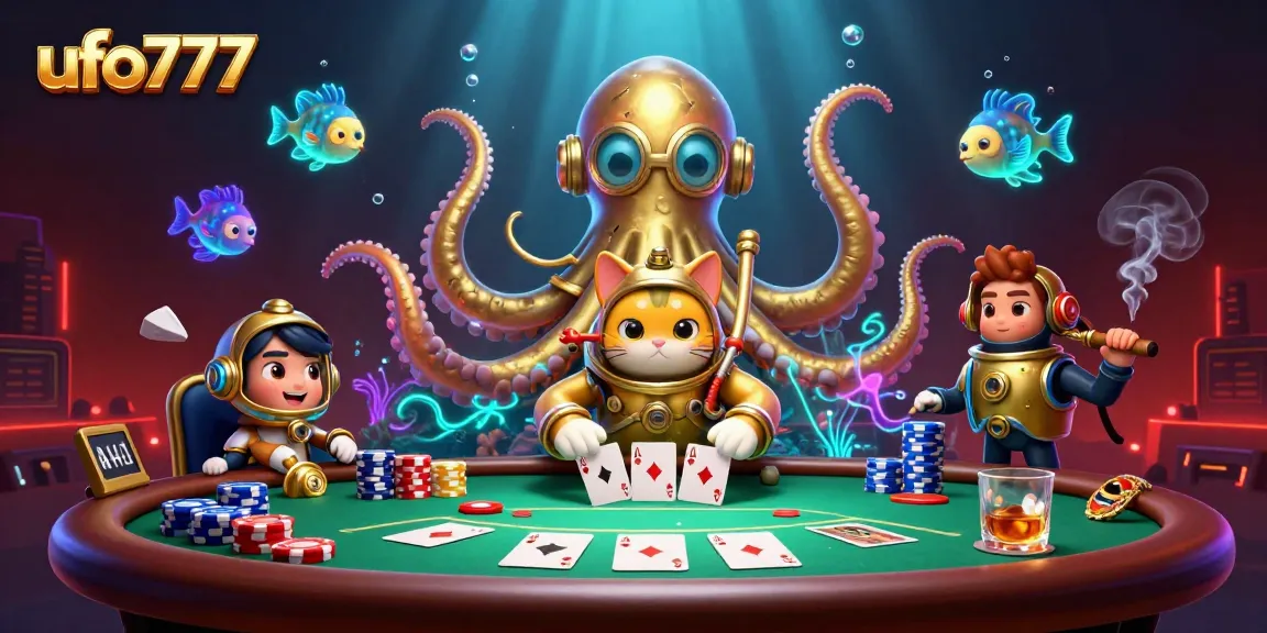 Engage in thrilling gameplay at ufo777 featuring a colossal kraken amidst a dynamic poker scene.