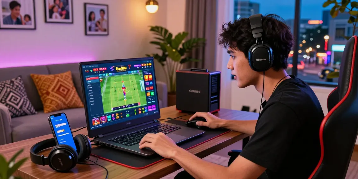 Thai player engaging with Fun88Thailand online gaming interface in modern living room.