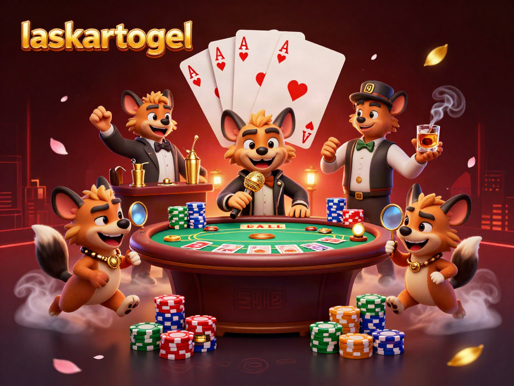 Two hyenas entertain in a comedy casino scene, featuring the keyword laskartogel in a vibrant gaming atmosphere.