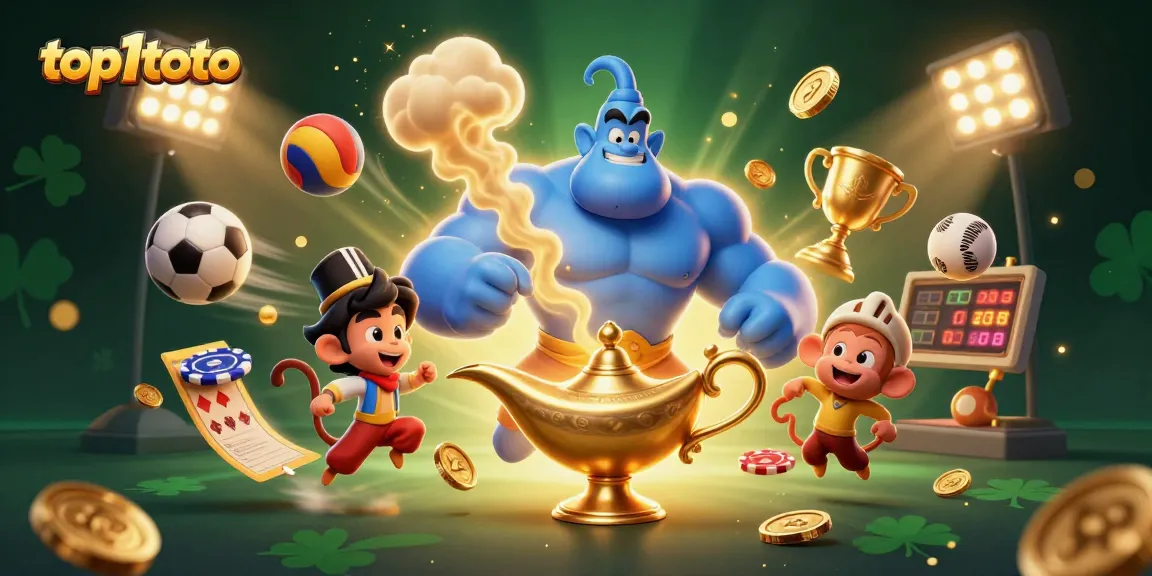 Experience top1toto thrills with a powerful genie, vibrant sports balls, and dynamic betting slips in a rich casino scene.