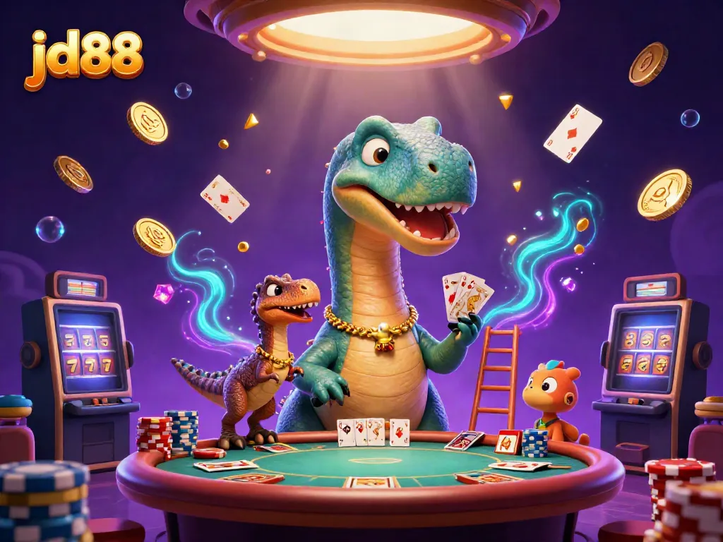 Experience engaging gameplay at jd88 with a whimsical scene featuring friendly dinosaurs in a vibrant casino.