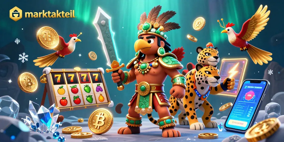 Engage with the vibrant casino world of marktaktuell featuring an Aztec warrior, jackpot symbols, and crypto elements.