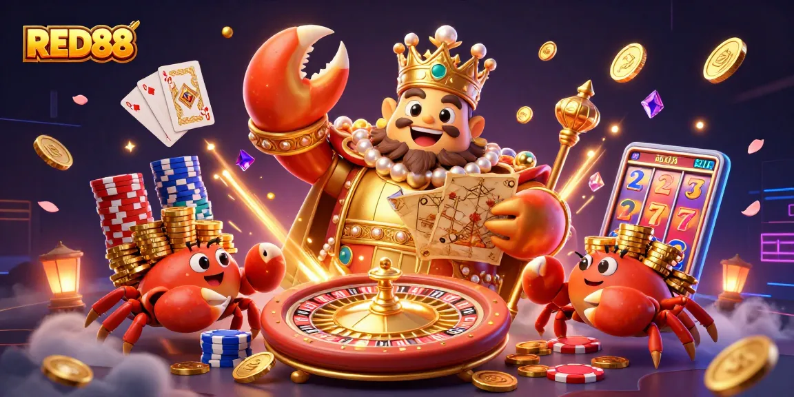 Spin to win at RED88 casino with the golden crab emperor and treasures of fortune!