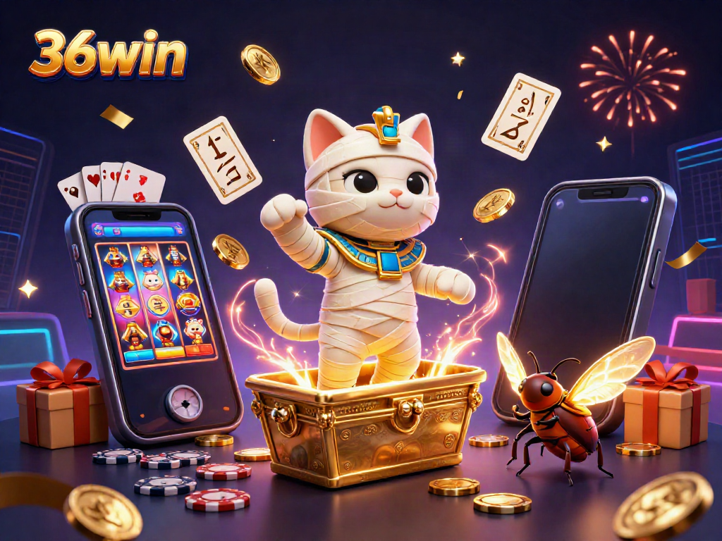 36win's vibrant casino action showcases a 3D mummy cat, slot games, and glowing confetti.