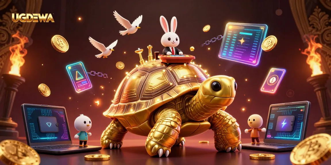 Engage with the lively UGDEWA casino scene featuring a golden tortoise with a casino on its shell and vibrant gaming elements.