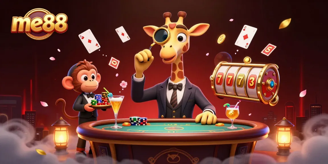 Experience me88's thrilling atmosphere with a high-roller giraffe at a VIP poker game surrounded by vibrant casino elements.