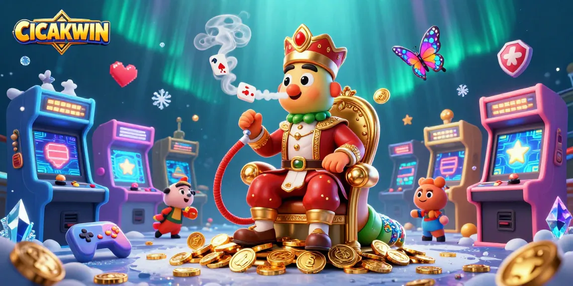 CICAKWIN captivates with a vibrant gaming scene featuring poker symbols and arcade elements.