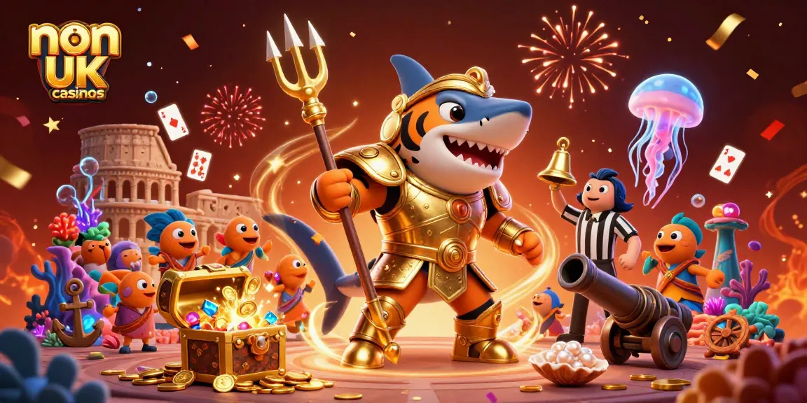 Experience thrilling gameplay at non UK casinos with a dynamic underwater scene featuring a tiger shark gladiator.