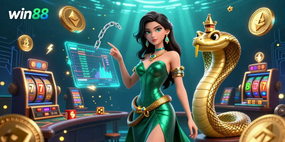 Engage with win88's vivid casino experience featuring a glamorous woman and golden cobra amidst vibrant game elements.