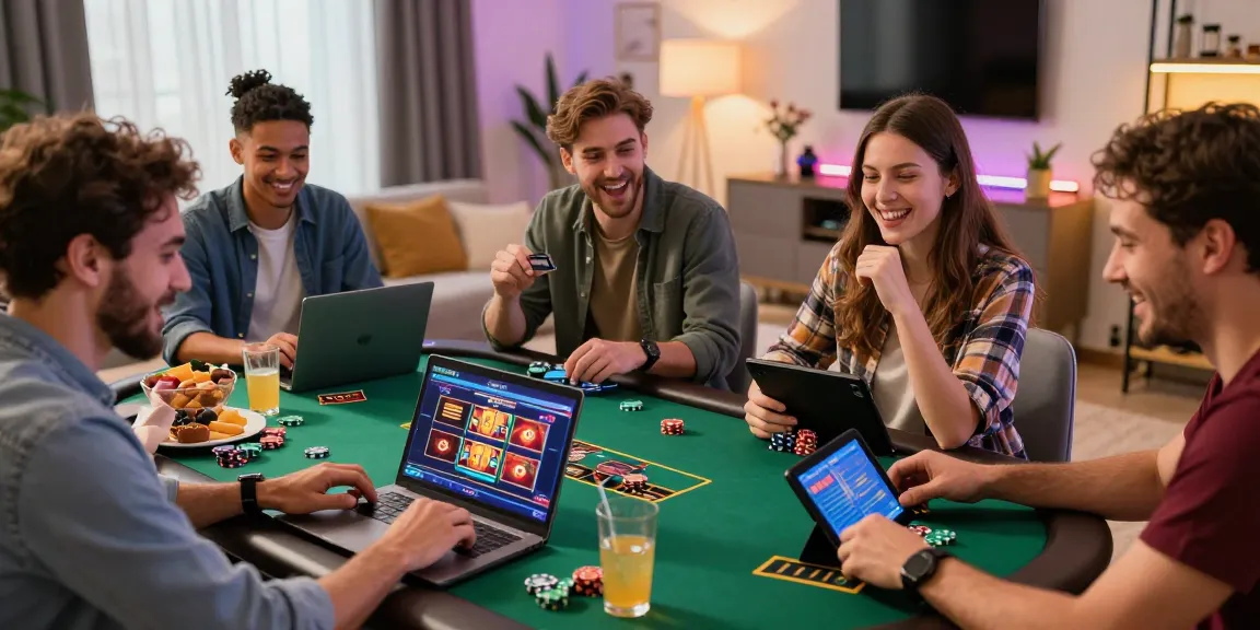 Excited friends playing at credit card casinos in a cozy living room atmosphere.
