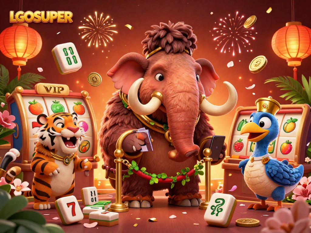 Experience vibrant casino excitement with LGOSUPER featuring a mammoth bouncer, slot reels, and dynamic gaming elements.