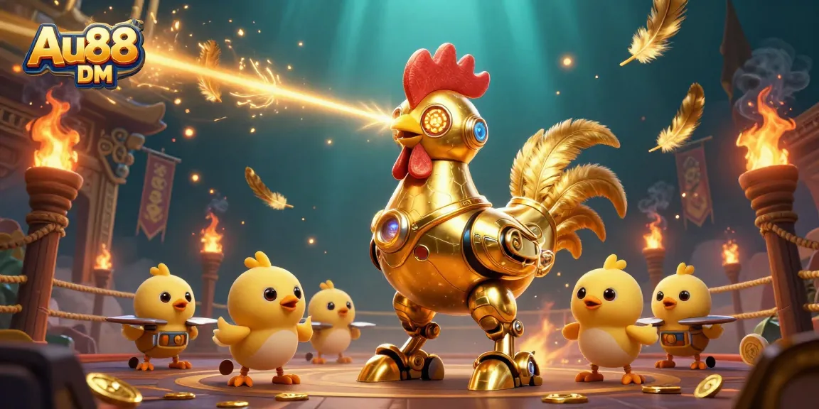 Engage with the exhilarating world of Au88 DM as a golden rooster robot and baby chick drones ignite the gaming arena.