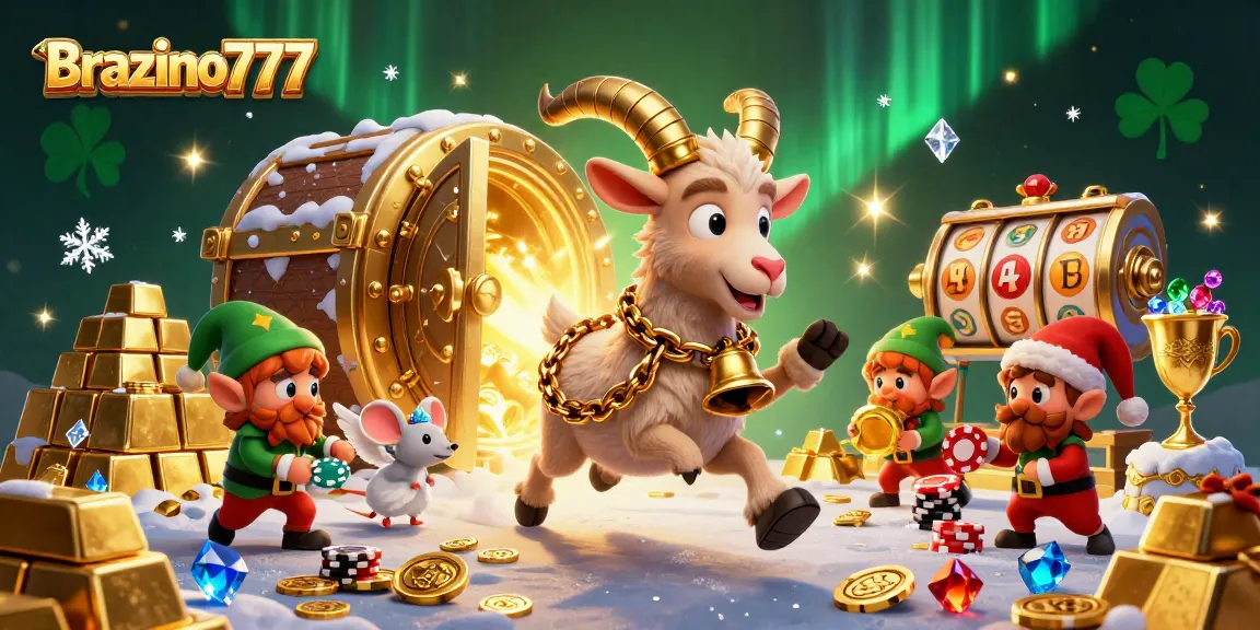 Brazino777 showcases a vibrant casino scene with Krampus, an angel mouse, and elves in action.