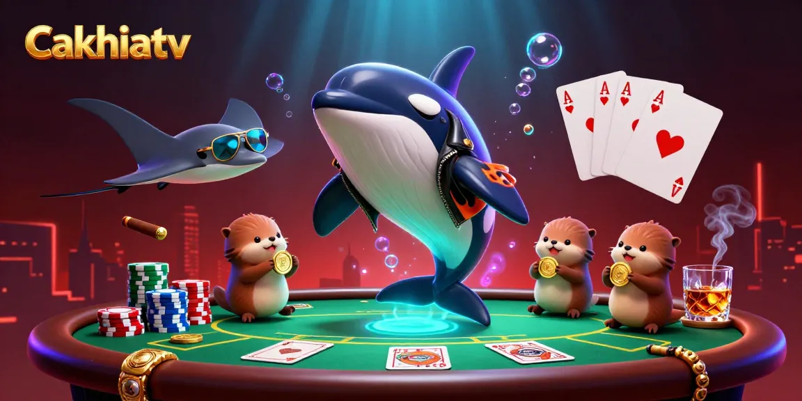 Cakhiatv showcases a vibrant 3D scene featuring animated characters engaging in captivating casino activities with poker elements.