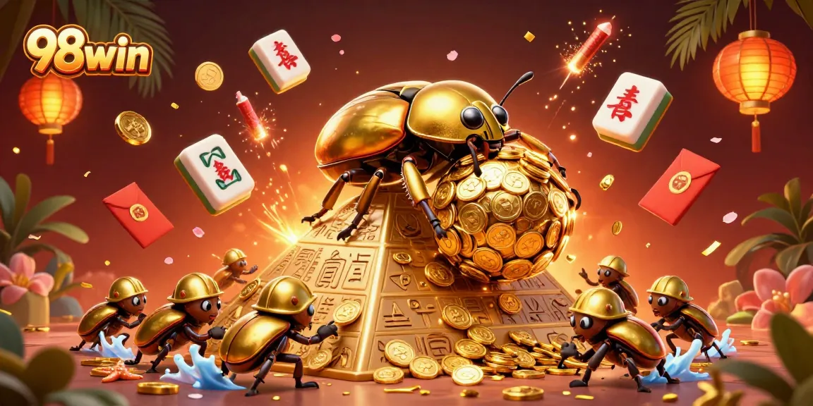 Experience the excitement of 98win with golden coins and casino symbols in a vibrant scene.