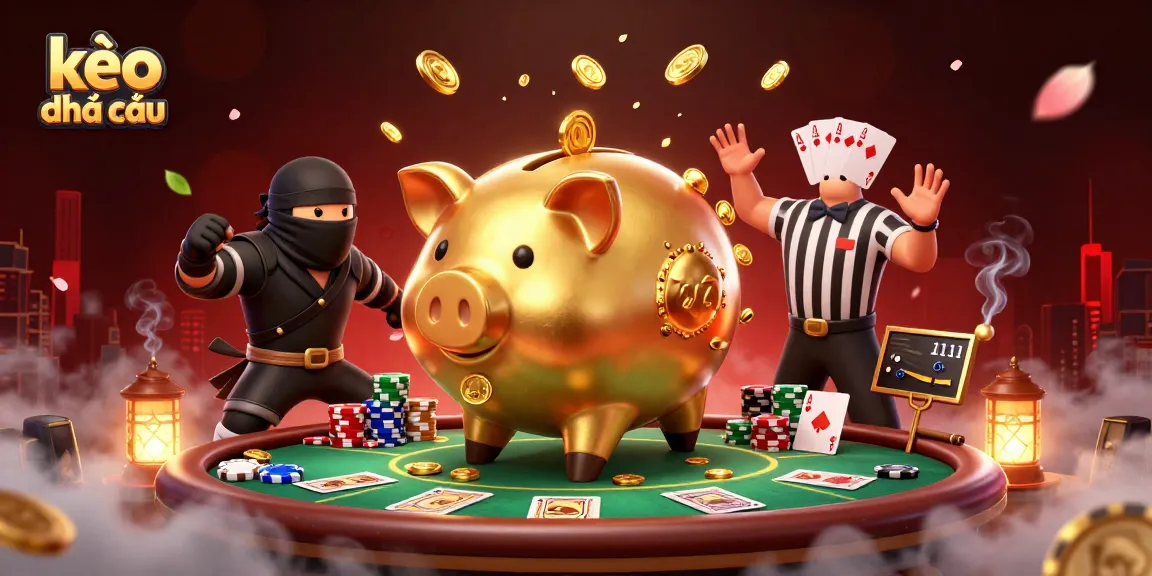 Engaging scene of kèo nhà cái illustrated with a piggy bank sumo wrestler, wallet ninja, and samurai referee surrounded by poker elements.