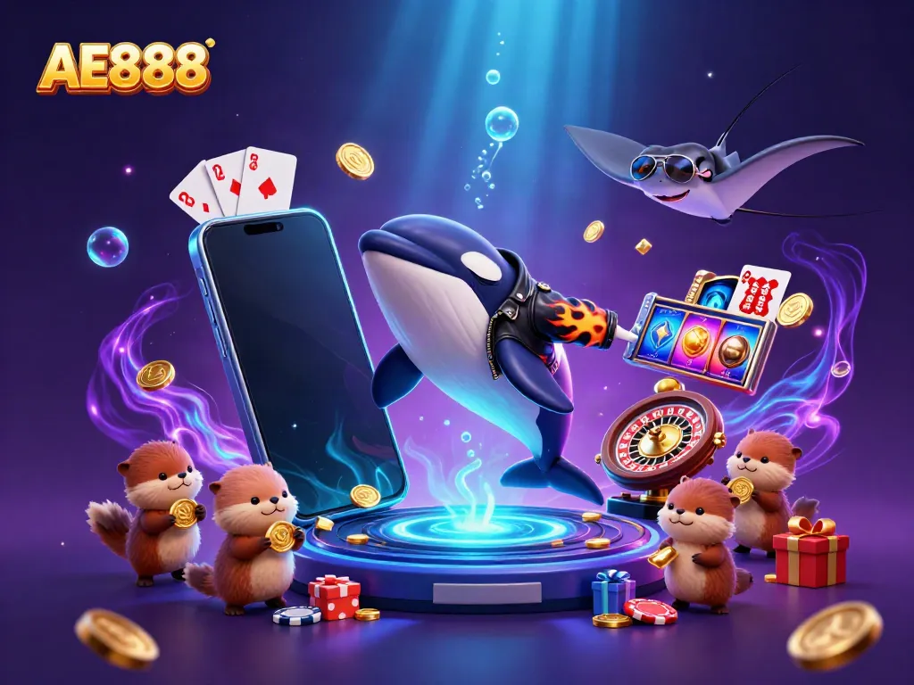 Experience the fun of AE888 with a lively underwater casino scene featuring animated characters and game elements.